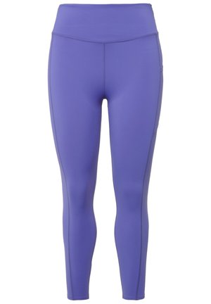 Purple leggings made of stretchy material with a high waistband, featuring flat seams and a fitted design along the legs.