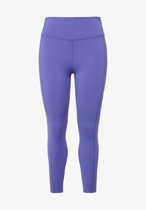 Leggings viola realizzati in materiale elastico con vita alta, caratterizzati da cuciture piatte e un design aderente lungo le gambe.