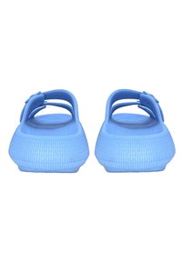 Blue rubber sandals with a textured sole, open back, and adjustable strap. Smooth finish with a rounded heel and minimalist design.