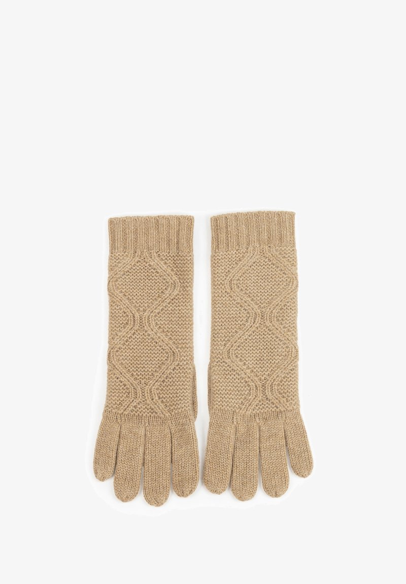 Beżowe rękawiczki dziane z teksturowanym wzorem, zawierające wypukłe zygzakowate ściegi i ściągacze. Pięciopalczasta konstrukcja zapewniająca sprawność.