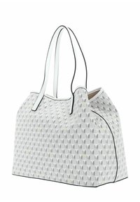 Borsa tote bianca con un motivo geometrico nero e giallo, caratterizzata da manici e dettagli in pelle liscia, e una silhouette spaziosa e strutturata.