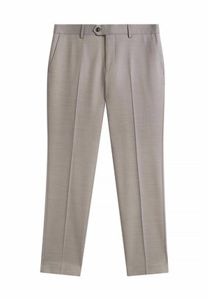 Beige formelle Hose mit vorderen Falten, Seitentaschen, Gürtelschlaufen, Knopfverschluss und Reißverschluss, aus glattem Webstoff gefertigt.