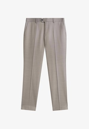 Pantalon formel beige avec plis sur le devant, poches latérales, passants pour ceinture, fermeture par bouton et braguette zippée, fabriqué en tissu tissé lisse.