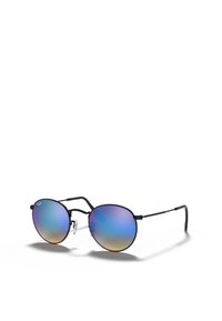 Occhiali da sole rotondi con montatura in metallo nero, lenti blu-viola sfumate e aste sottili. Presentano cuscinetti nasali regolabili per il massimo comfort.