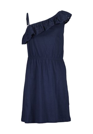 Tmavě modré šaty s jedním ramenem, zdobené volánkem s průstřihy, elastickým pasem a lehkou látkou. Jednoduchý střih do kolen.