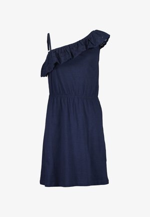 Marineblaues One-Shoulder-Kleid mit Lochstickerei-Rüschensaum, elastischem Bund und leichtem Stoff. Einfaches Design bis zum Knie.