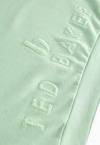 Tkanina v mátové barvě má vyšitý text "TED BAKER" s texturovaným povrchem. Hladký povrch s jemným leskem a tónovým prošíváním.