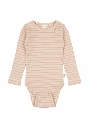 Długie rękawy bodysuit dla niemowląt z miękkiej prążkowanej tkaniny, z naprzemiennymi jasnoróżowymi i kremowymi paskami. Zapięcia na napy na dole i na ramieniu.