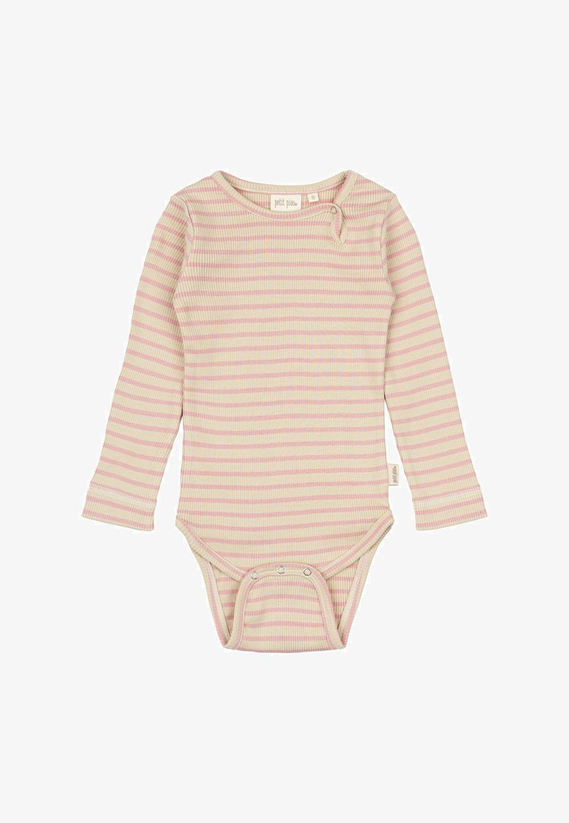 Bodysuit za dojenčke s dolgimi rokavi iz mehkega rebrastega materiala, ki ima izmenično svetlo roza in kremne črte. Zapiranje na dnu in na rami s pritisnimi gumbki.