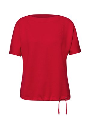 Rote Kurzarmbluse mit rundem Ausschnitt und verstellbarem Kordelzugsaum auf der rechten Seite.