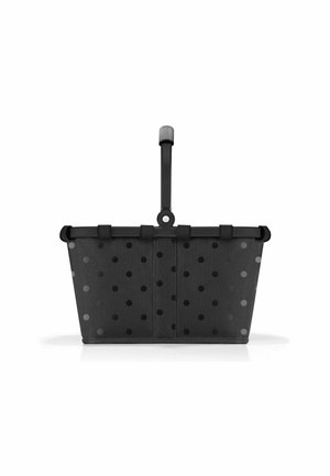 Panier rectangulaire à pois noirs, avec des poignées et une base solide. Fabriqué en tissu durable avec une texture lisse.