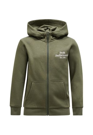 Sweat à capuche zippé vert olive avec poches avant, poignets côtelés et texte "Peak Performance Est. 1986" sur le côté gauche de la poitrine.