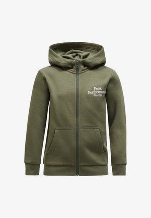 Sweat à capuche zippé vert olive avec poches avant, poignets côtelés et texte "Peak Performance Est. 1986" sur le côté gauche de la poitrine.