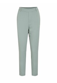 Vaaleanvihreät räätälöidyt housut, joilla on sileä pinta, joustava vyötärö, sivutaskut ja kapea malli. Suunniteltu nykyaikaista, virtaviivaista ilmettä varten.