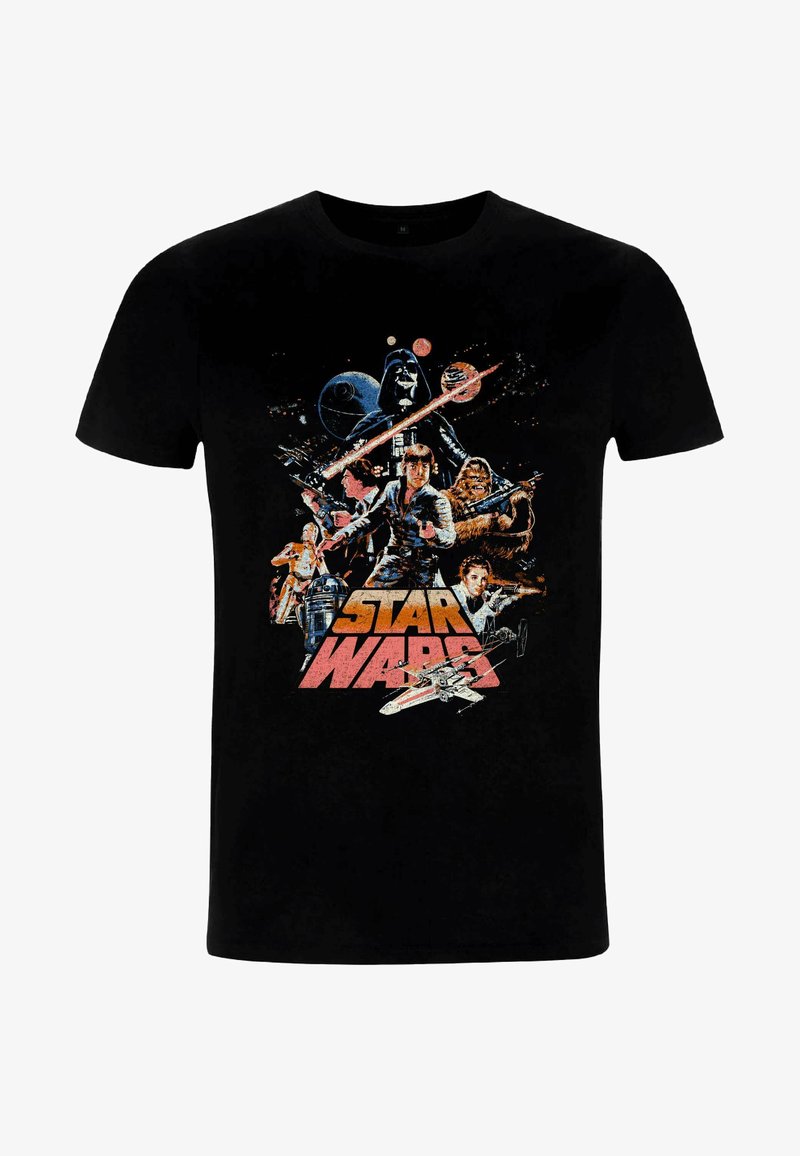 Černé bavlněné tričko s barevným grafickým motivem Star Wars, zobrazující postavy a vozidla, s prominentním nápisem "STAR WARS."