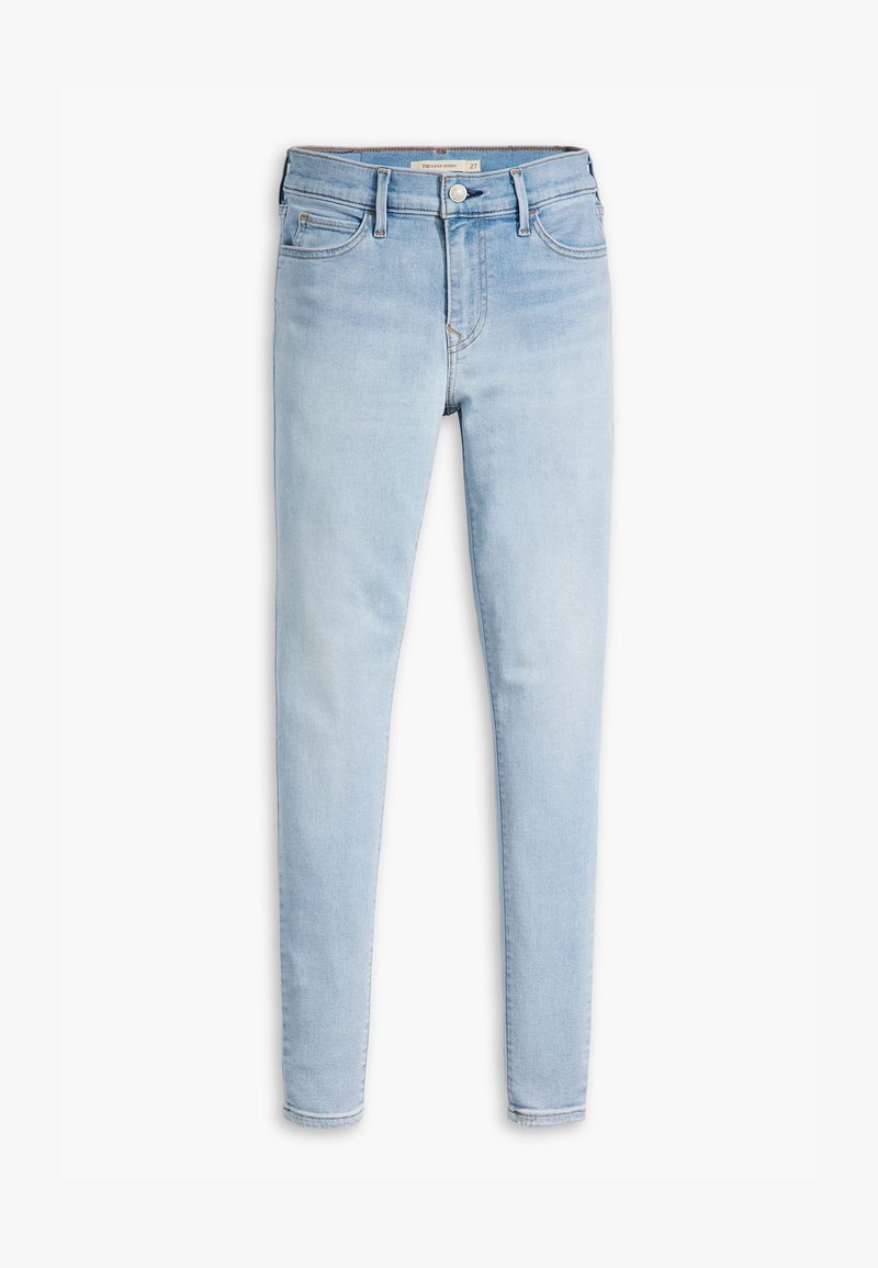 Helle blaue Skinny-Jeans aus Denim; mit Reißverschluss und Knopfverschluss, sowie Vorder- und Gesäßtaschen; glatte Textur und verwaschener Look.