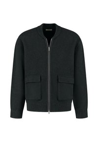 Černá pletená bomber bunda se zipem vpředu, elastickými manžetami a spodním lemem, a dvěma velkými předními kapsami. Měkká textura s minimalistickým designem.