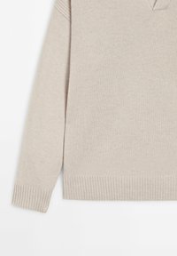 Pull en maille beige avec col en V, ourlet et poignets côtelés. Présente une texture douce et une coupe décontractée.