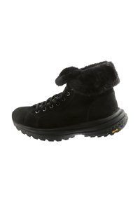 Svart vinterkänga med pälskrage, snörning i fram, och tjock Vibram-sula designad för utomhusgrepp.