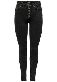 Jeans skinny de mezclilla negra con una cintura alta y cinco grandes botones plateados. Presenta bolsillos frontales y una textura suave.