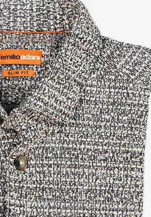 Slim fit polo shirt with a textured black and white pattern, featuring a collar and a single button, labeled with an orange brand tag.