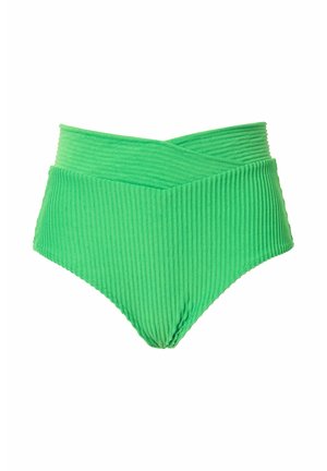 Hoog-waist bikini onderkant in felgroen met een geribbeld oppervlak. Beschikt over een crossover ontwerp bij de taille voor een comfortabele pasvorm.