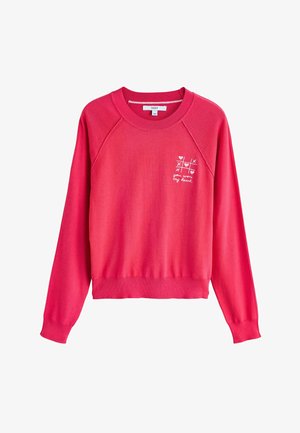 Sarkans džemperis no mīksta auduma ar ribotām apaļām apkaklītēm un raglana piedurknēm. Uz tā ir balts grafisks attēls ar tekstu un rotaļīgām ikonām.