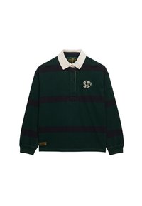 Chemise de rugby à manches longues rayée vert foncé et noir avec col blanc et petit logo brodé sur la poitrine gauche.