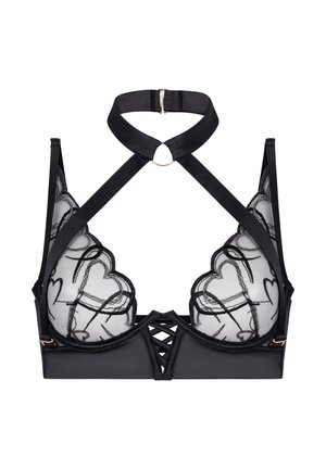 Black lace bra with heart patterns, crisscross straps, and a choker neck detail with a gold ring closure at the back.