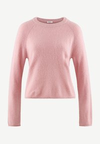 Rosa langärmliger Pullover mit rundem Ausschnitt, strukturierter Stoff und lockerer Passform, mit Raglanärmeln und geradem Saum.