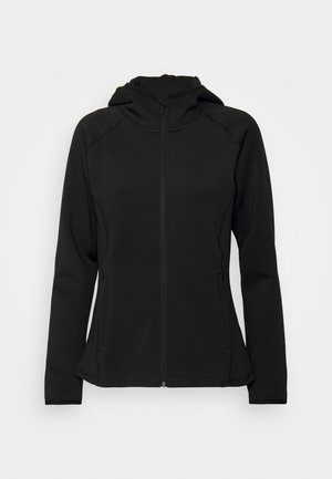 Sudadera negra con cremallera y capucha, confeccionada en una tela suave y elástica. Presenta mangas raglán y bolsillos laterales, con una textura lisa.