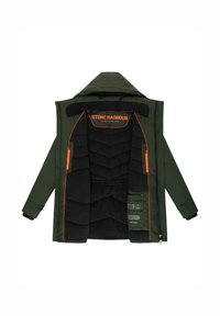 Groene pufferjack met oranje accenten, hoge kraag en ritszakken. De binnenkant heeft een zwarte gewatteerde voering met een kanaalontwerp.