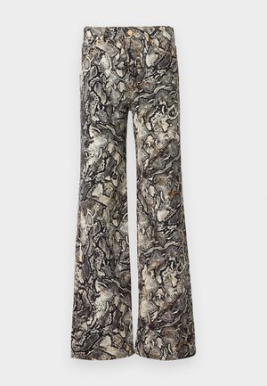 Flared pants in a textured snake print pattern, featuring shades of grey, black, and beige with metallic accents and standard button closure.