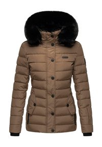 Brown puffer jacket with a black faux fur hood. Features horizontal quilted design, large buttons, and two side pockets with zipper closures.