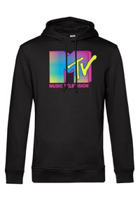 Černá mikina s kapucí na šňůrku. Obsahuje vícebarevné logo MTV s gradientními liniemi a text "MUSIC TELEVISION" níže.