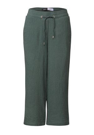 Pantalons verts, texturés, coupés avec une taille élastique et un cordon de serrage. Comprend des accents métalliques en tonalité argentée et des poches latérales.