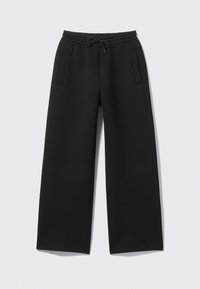 Pantalones deportivos negros de pierna ancha con cinturilla elástica y cordón, que cuentan con dos bolsillos verticales con abertura en la parte frontal.