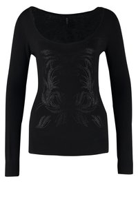 Musta pitkähihaisen neuleen, jossa on ympyräkaula-aukko, kukkakuosisia tekstuureja ja logo-yksityiskohtia hillityissä metallisävyissä.