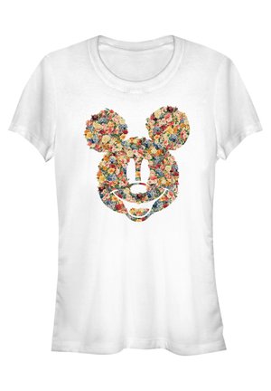 Weißes T-Shirt mit einem bunten Blumenmuster in Form des Kopfes einer Cartoonfigur mit großen Ohren und einem lächelnden Gesicht.