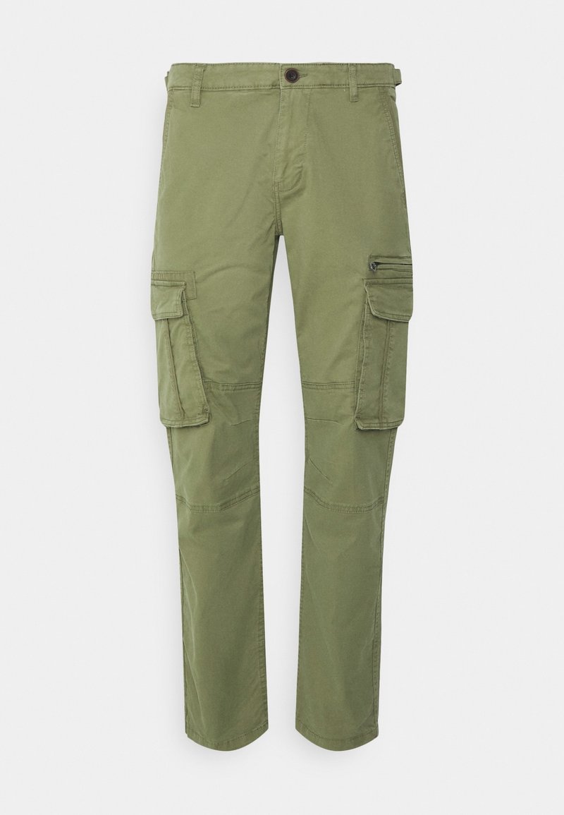 Olivgrön cargobyxor med rak bendesign, som har flera sidofickor och en knappstängning i midjan. Tillverkade av slitstarkt material.