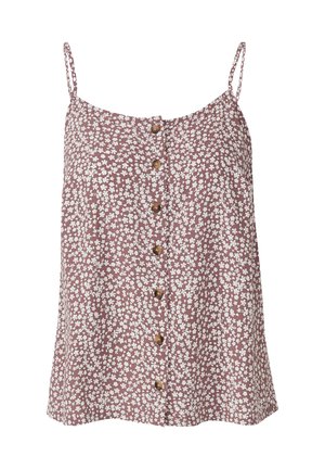 Débardeur floral en rose poussière avec un motif de fleurs blanches, doté de petits boutons marron sur le devant et de fines bretelles réglables.