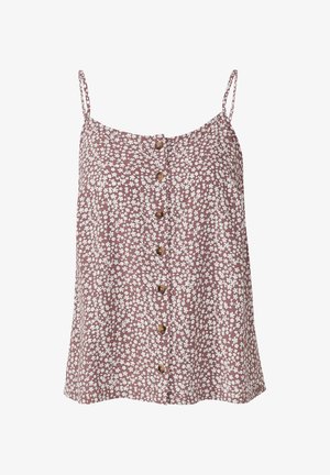 Bloemenhemdje in stofroze met een wit bloemenpatroon, met kleine bruine knopen aan de voorkant en dunne, verstelbare bandjes.