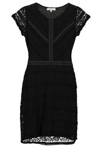 Robe en dentelle noire avec manches courtes, silhouette ajustée et motifs en dentelle horizontaux. Texturé avec un design floral subtil.