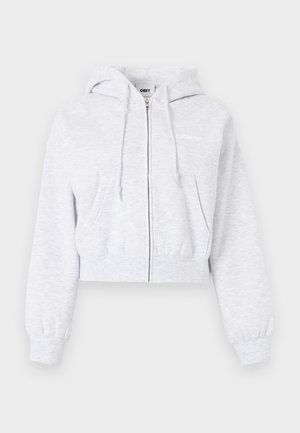 Lysegrå kort hettegenser med glidelås, frontlommer, snøring i hetten, elastiske mansjetter og diskret merkevarelogo på brystet.