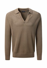 Strickpullover in Taupe mit V-Ausschnitt, Kragen und gerippten Bündchen und Saum. Verfügt über ein strukturiertes Muster über das gesamte Kleidungsstück.