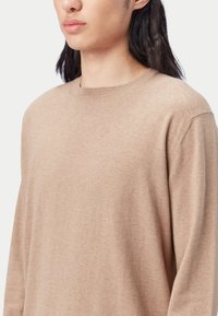 Hellbrauner Pullover aus weichem Material, mit rundem Ausschnitt und überschnittenen Schultern, mit glatter, strukturierter Oberfläche.