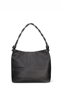 Borsa a tracolla in pelle nera con superficie testurizzata, caratterizzata da un manico annodato e intrecciato e un design morbido e informale. Nessuna ferramenta visibile.