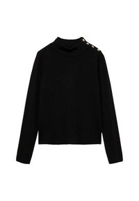 Pull en maille côtelée noir à manches longues avec col roulé, orné de boutons dorés le long de la couture de l'épaule gauche, au design simple et ajusté.