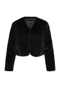 Schwarze, kurz geschnittene Jacke aus Kunstpelz mit langen Ärmeln und V-Ausschnitt. Weiche Textur und keine sichtbaren Beschläge oder Verschlüsse.