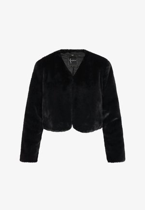 Fekete, rövidített műszőrme dzseki hosszú ujjal és V-nyakú kialakítással. Puha tapintású, látható hardver vagy zár nélkül.